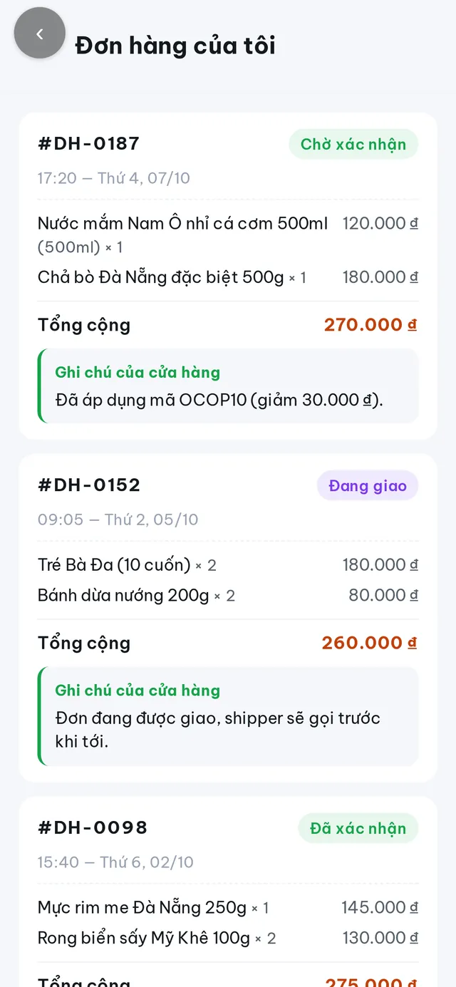 Màn hình Đơn hàng của tôi của Zalo Mini App OCOP – Đặc sản Đà Nẵng