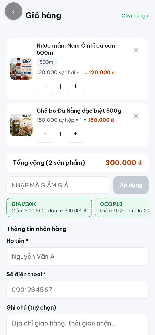 Màn hình Giỏ hàng của Zalo Mini App OCOP – Đặc sản Đà Nẵng