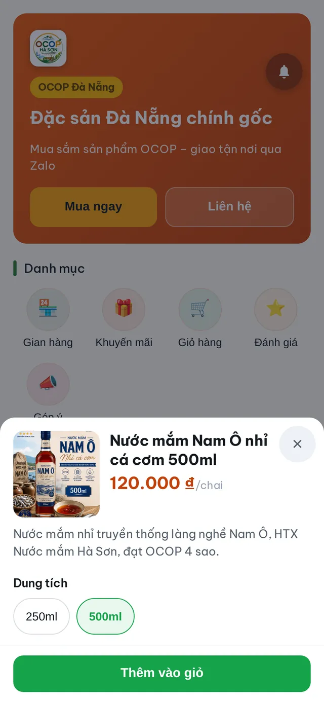 Màn hình Chọn loại của Zalo Mini App OCOP – Đặc sản Đà Nẵng