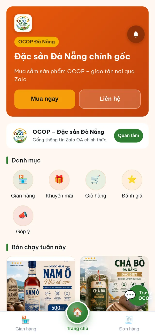 Màn hình Trang chủ của Zalo Mini App OCOP – Đặc sản Đà Nẵng