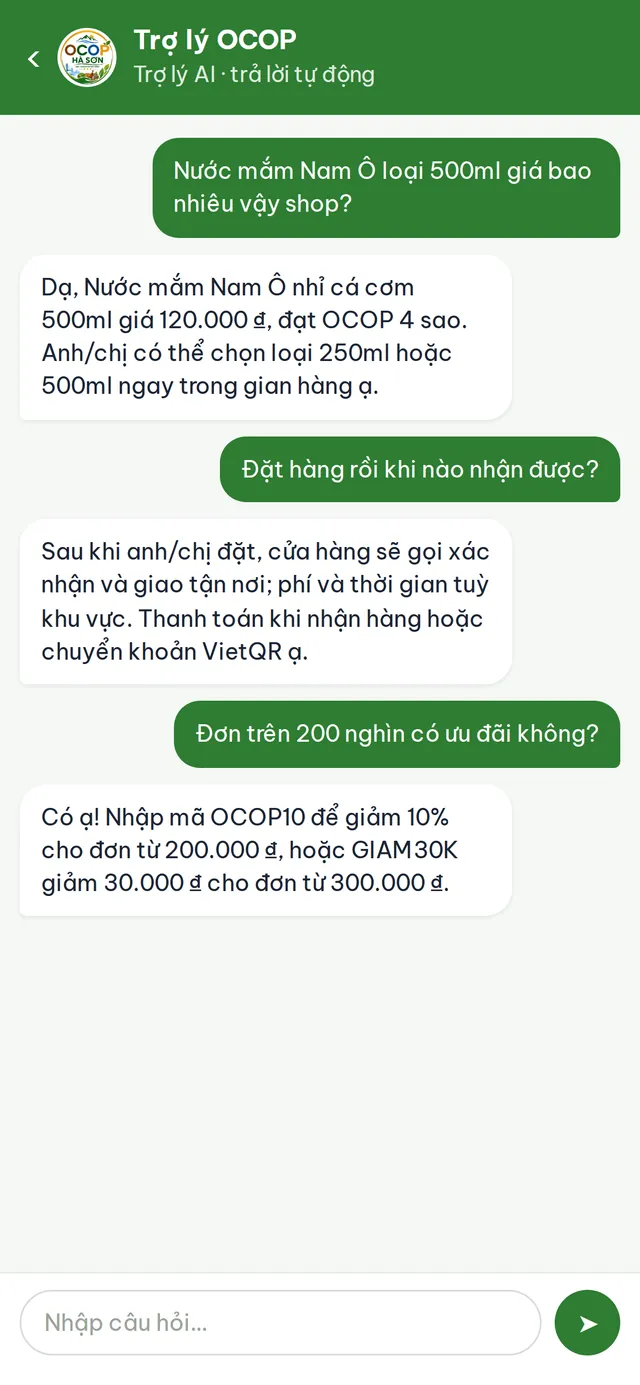 Màn hình Trợ lý AI của Zalo Mini App OCOP – Đặc sản Đà Nẵng