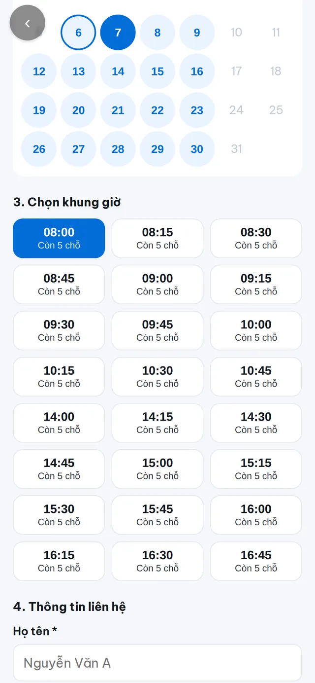 Màn hình Đặt lịch hẹn của Zalo Mini App UBND xã Bà Nà