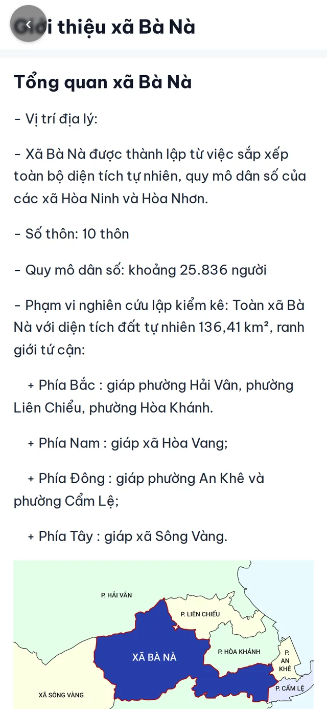 Màn hình Giới thiệu địa phương của Zalo Mini App UBND xã Bà Nà