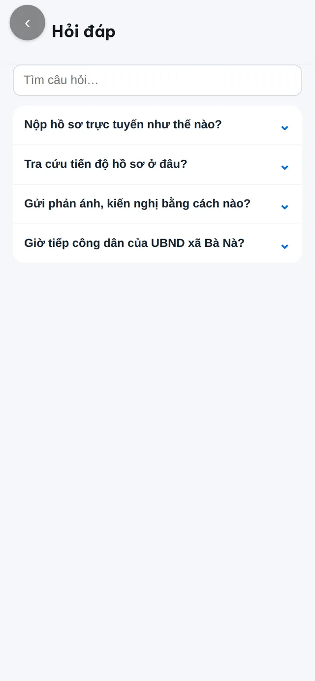 Màn hình Hỏi đáp của Zalo Mini App UBND xã Bà Nà