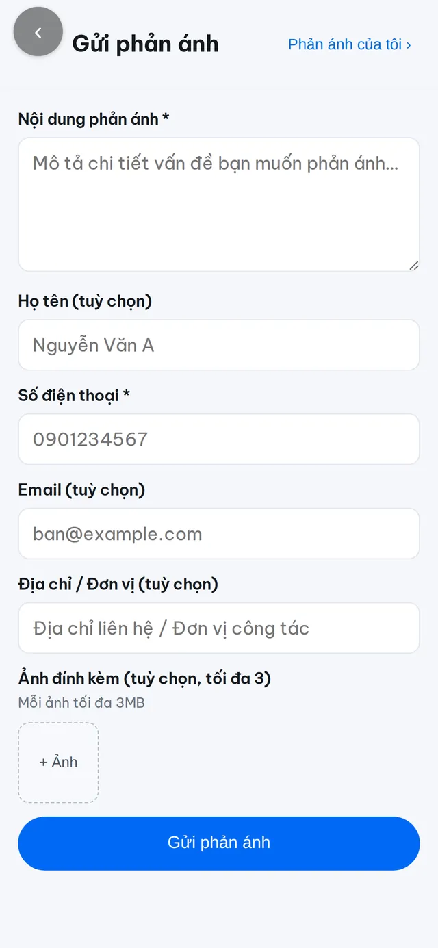Màn hình Gửi phản ánh của Zalo Mini App UBND xã Bà Nà