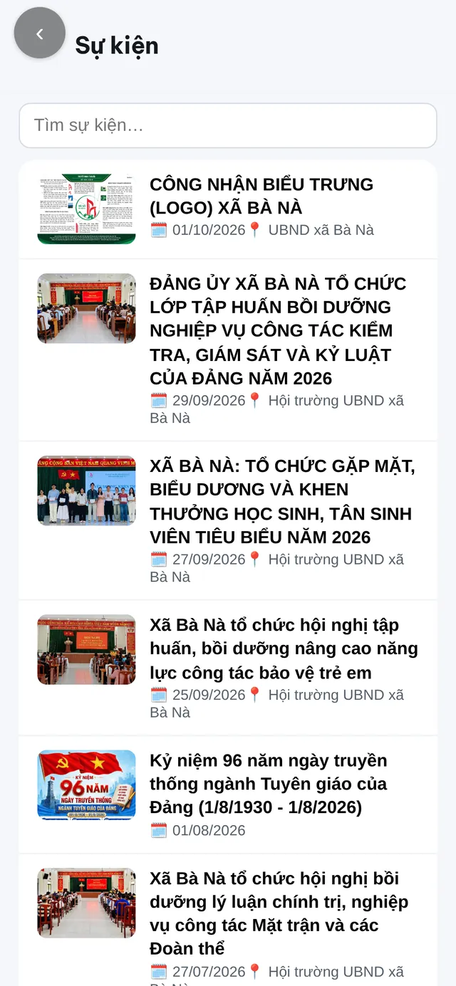 Màn hình Sự kiện của Zalo Mini App UBND xã Bà Nà