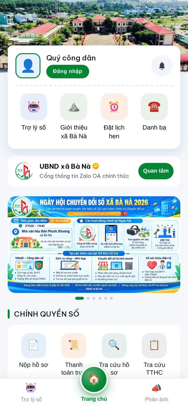 Màn hình Trang chủ của Zalo Mini App UBND xã Bà Nà