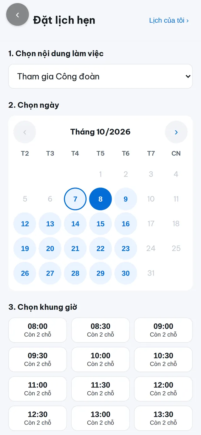 Màn hình Đặt lịch hẹn của Zalo Mini App Công đoàn số Hoà Khánh