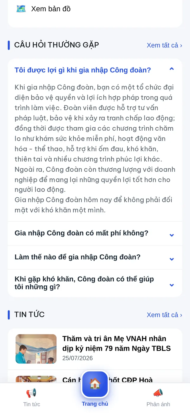 Màn hình Hỏi đáp của Zalo Mini App Công đoàn số Hoà Khánh
