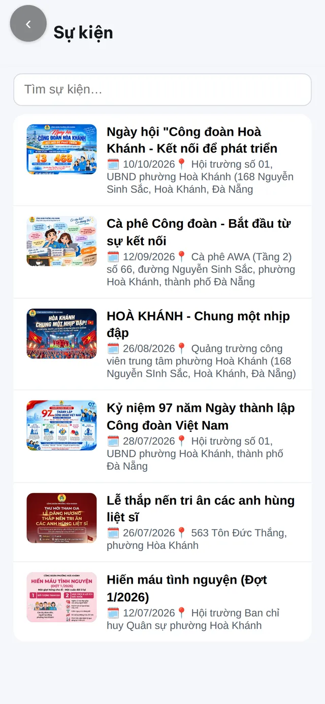 Màn hình Sự kiện của Zalo Mini App Công đoàn số Hoà Khánh