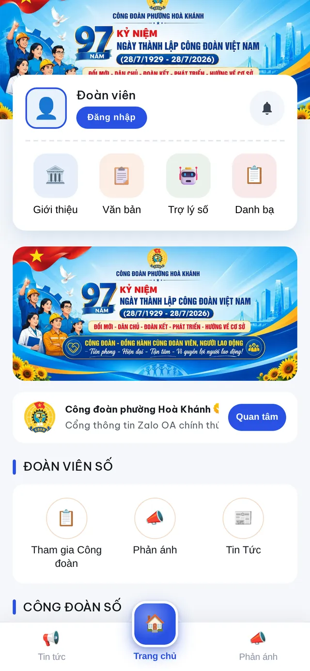 Màn hình Trang chủ của Zalo Mini App Công đoàn số Hoà Khánh