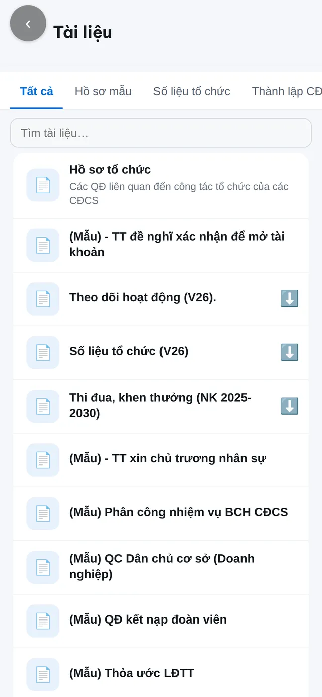 Màn hình Tài liệu của Zalo Mini App Công đoàn số Hoà Khánh