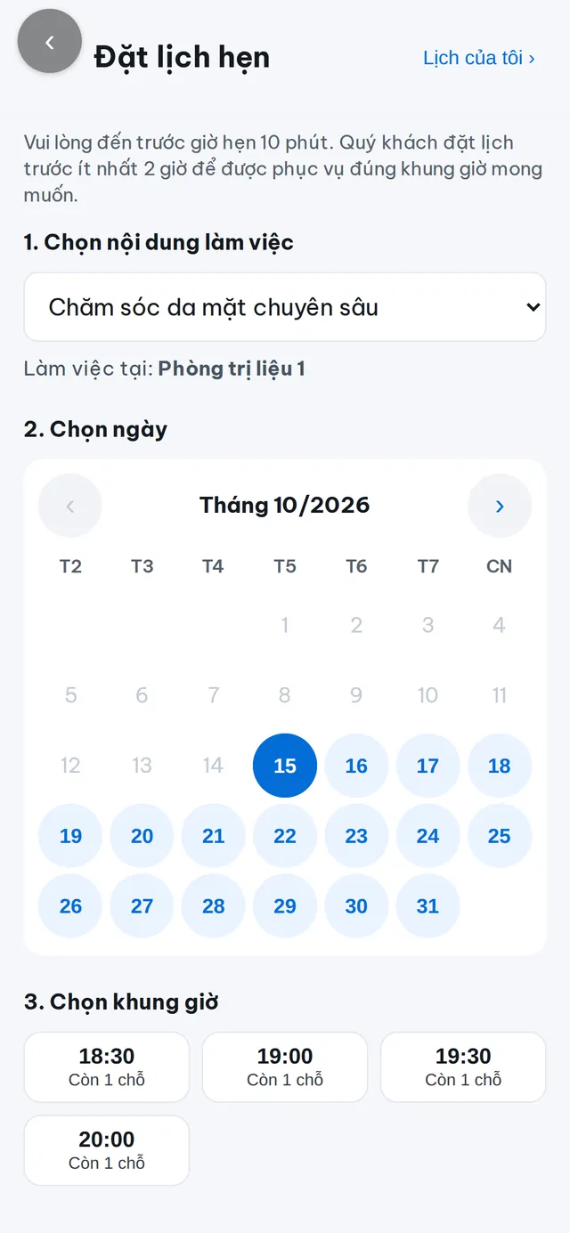 Màn hình Đặt lịch hẹn của Zalo Mini App SPA Đà Nẵng