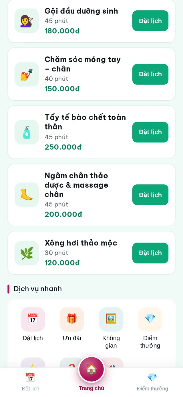 Màn hình Bảng dịch vụ của Zalo Mini App SPA Đà Nẵng