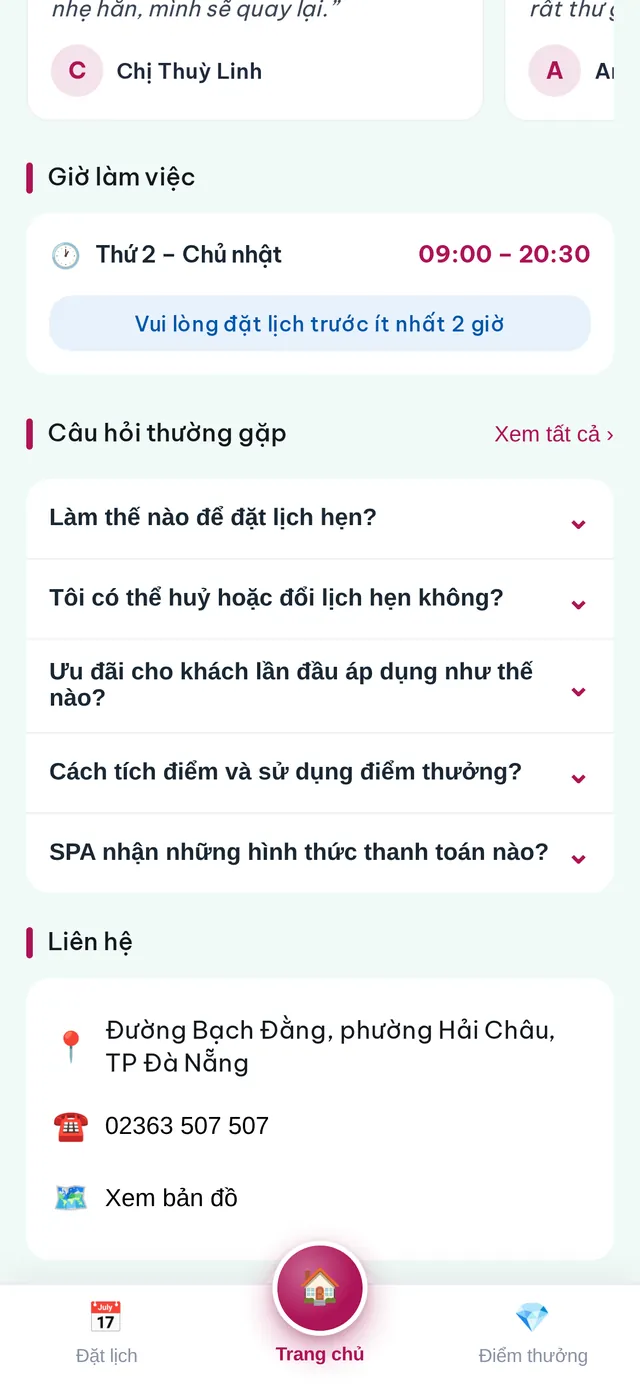 Màn hình Giờ làm việc, hỏi đáp của Zalo Mini App SPA Đà Nẵng