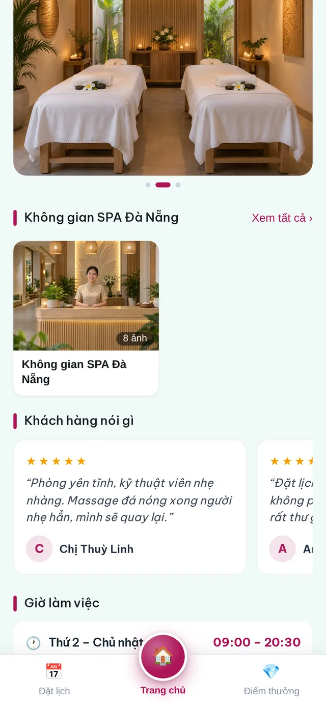 Màn hình Không gian, đánh giá của Zalo Mini App SPA Đà Nẵng