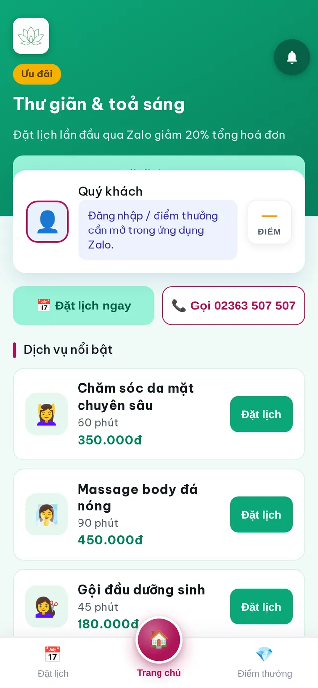 Màn hình Trang chủ của Zalo Mini App SPA Đà Nẵng