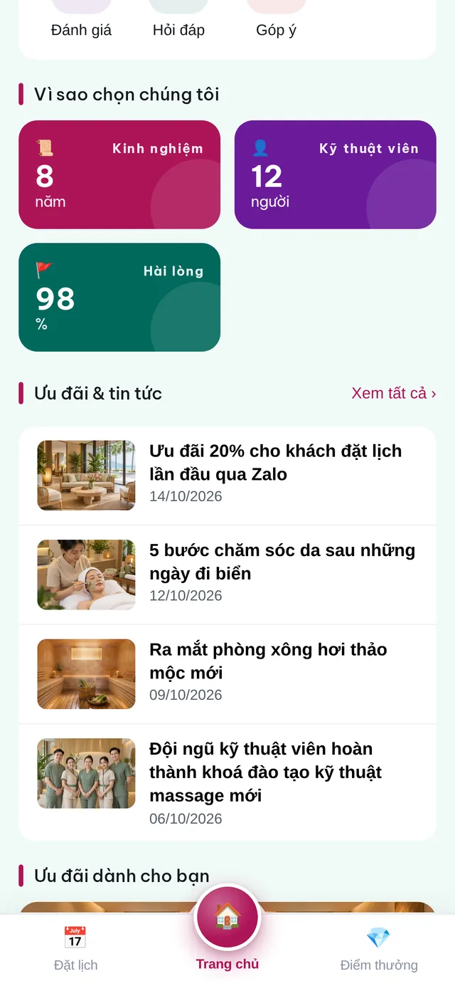 Màn hình Ưu đãi, tin tức của Zalo Mini App SPA Đà Nẵng