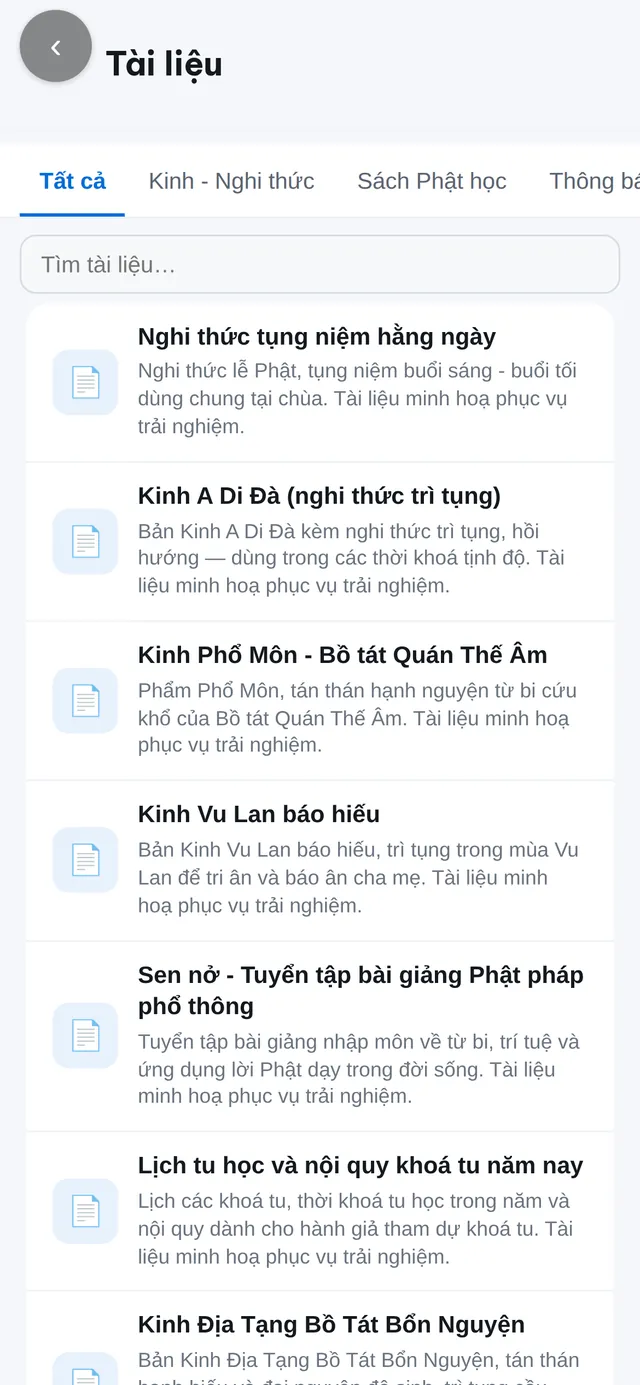 Màn hình Kinh sách của Zalo Mini App Chùa An Lạc