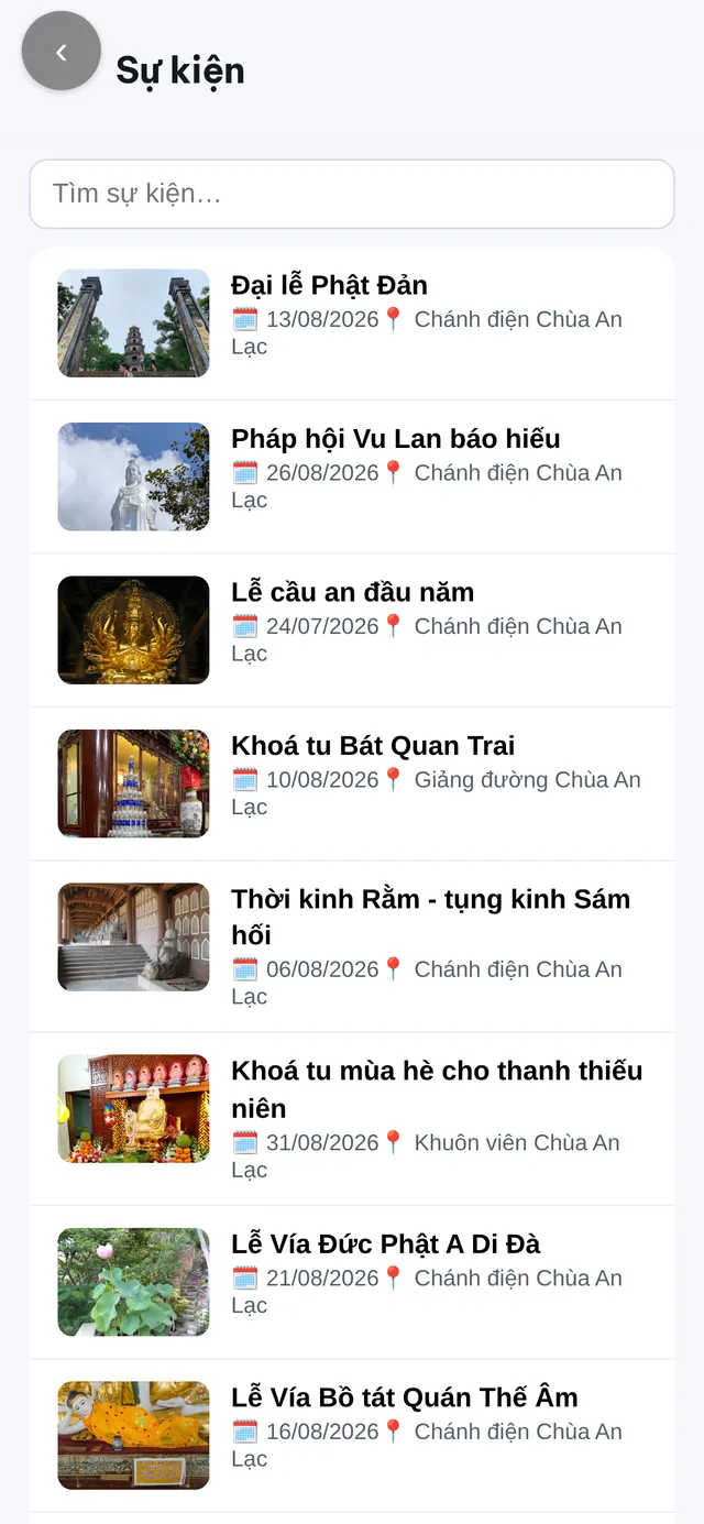 Màn hình Lịch lễ, sự kiện của Zalo Mini App Chùa An Lạc