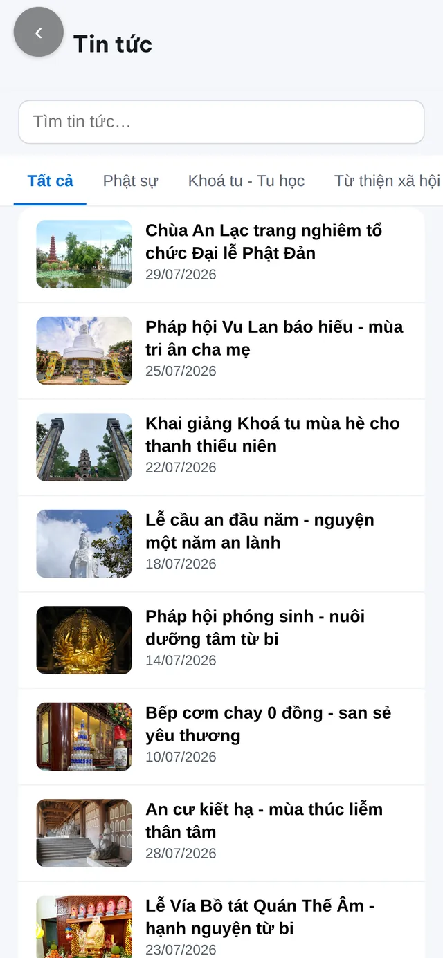 Màn hình Tin Phật sự của Zalo Mini App Chùa An Lạc