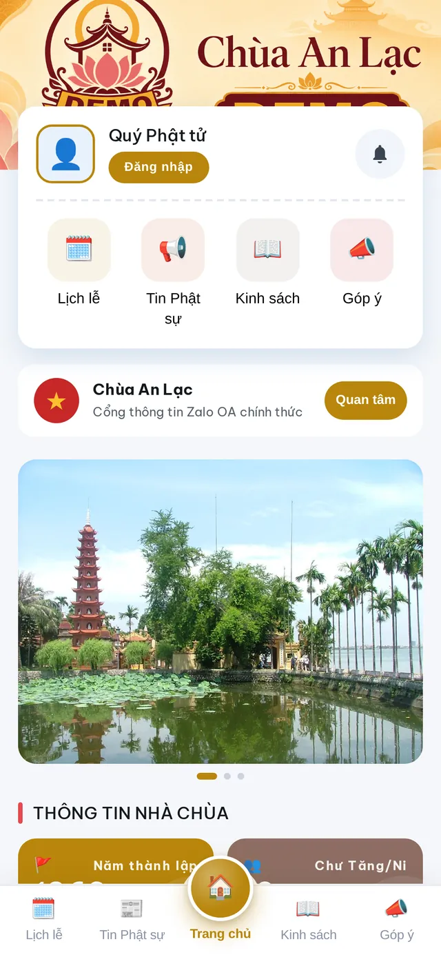 Màn hình Trang chủ của Zalo Mini App Chùa An Lạc